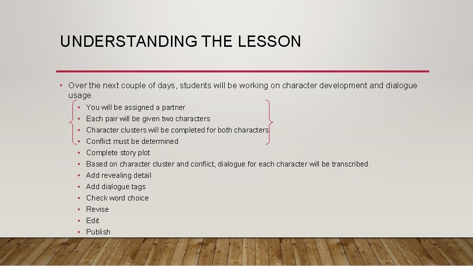 UNDERSTANDING THE LESSON • Over the next couple of days, students will be working