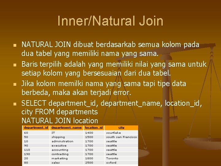 Inner/Natural Join n n NATURAL JOIN dibuat berdasarkab semua kolom pada dua tabel yang