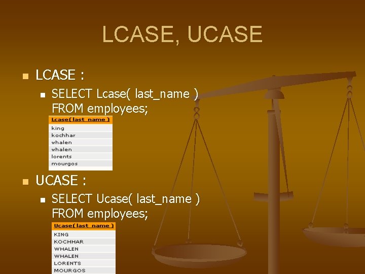 LCASE, UCASE n LCASE : n n SELECT Lcase( last_name ) FROM employees; UCASE