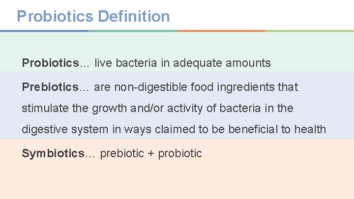 Probiotics Definition Probiotics… live bacteria in adequate amounts Prebiotics… are non-digestible food ingredients that