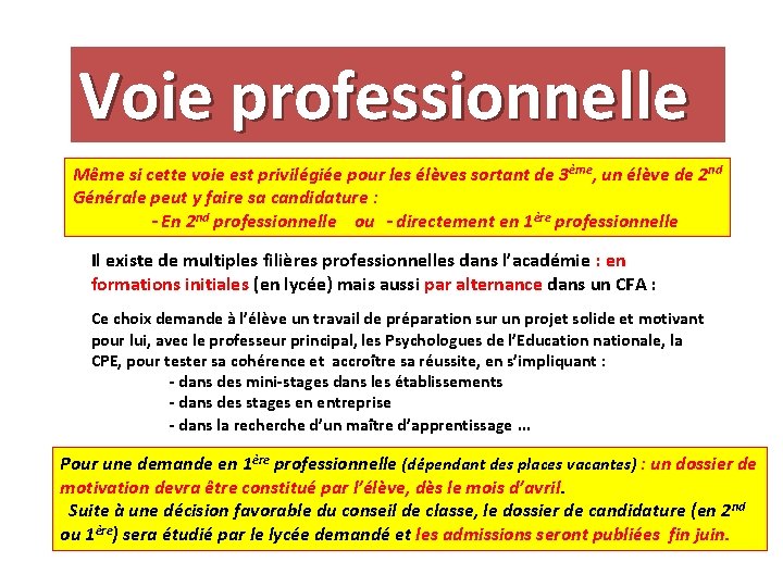 Voie professionnelle Même si cette voie est privilégiée pour les élèves sortant de 3ème,