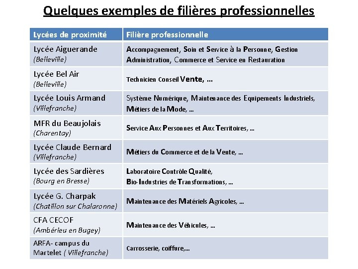 Quelques exemples de filières professionnelles Lycées de proximité Filière professionnelle Lycée Aiguerande Accompagnement, Soin