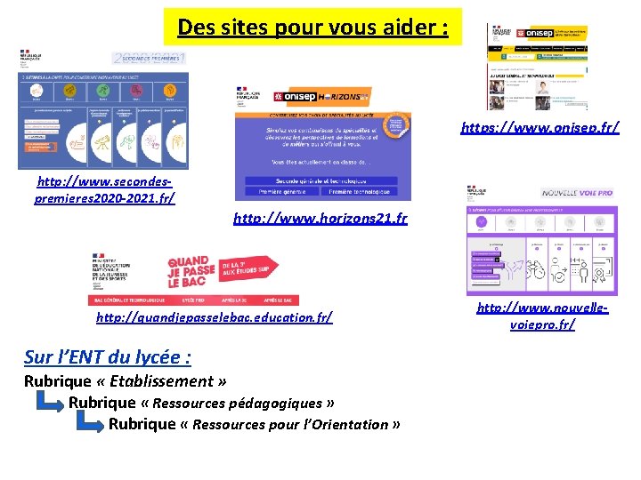 Des sites pour vous aider : https: //www. onisep. fr/ http: //www. secondespremieres 2020