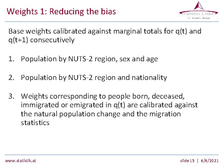 Weights 1: Reducing the bias Base weights calibrated against marginal totals for q(t) and