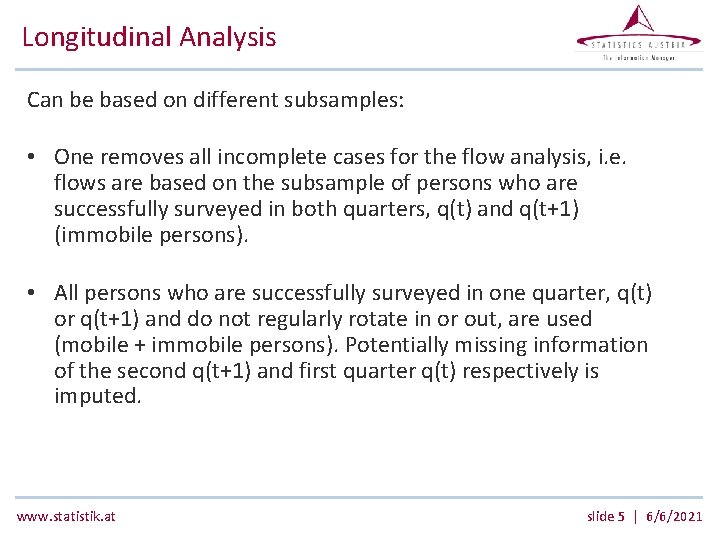 Longitudinal Analysis Can be based on different subsamples: • One removes all incomplete cases