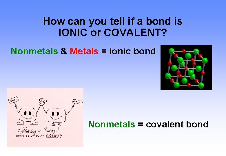 How can you tell if a bond is IONIC or COVALENT? Nonmetals & Metals