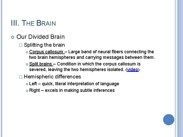 III. THE BRAIN Our Divided Brain � Splitting the brain Corpus callosum – Large