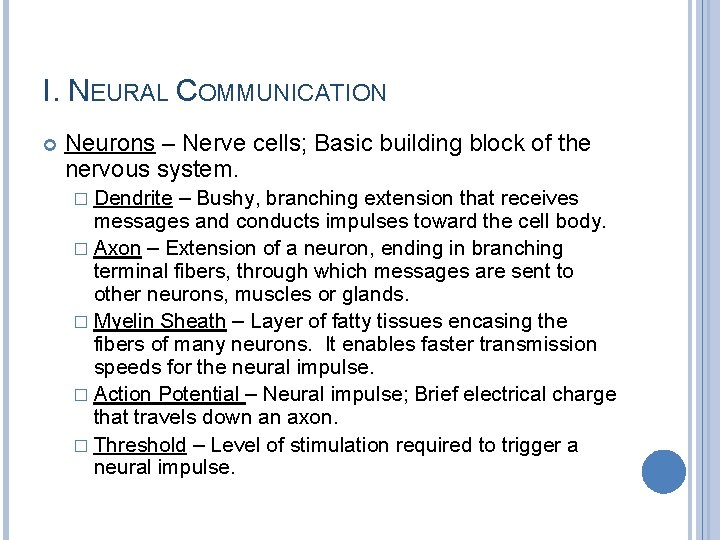 I. NEURAL COMMUNICATION Neurons – Nerve cells; Basic building block of the nervous system.