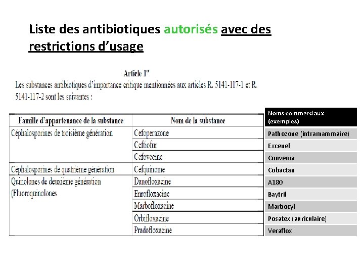 Liste des antibiotiques autorisés avec des restrictions d’usage Noms commerciaux (exemples) Pathozone (intramammaire) Excenel