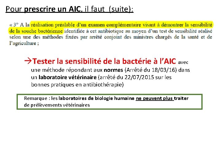 Pour prescrire un AIC, il faut (suite): àTester la sensibilité de la bactérie à