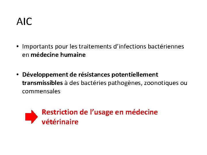 AIC • Importants pour les traitements d’infections bactériennes en médecine humaine • Développement de