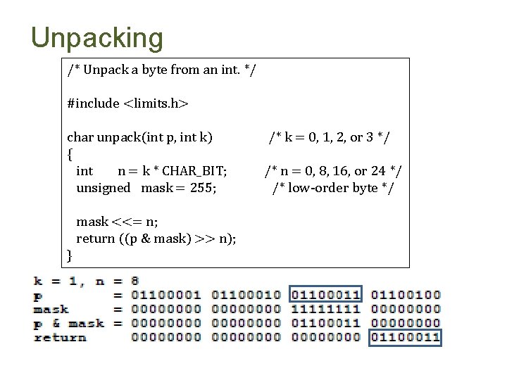 Unpacking /* Unpack a byte from an int. */ #include <limits. h> char unpack(int
