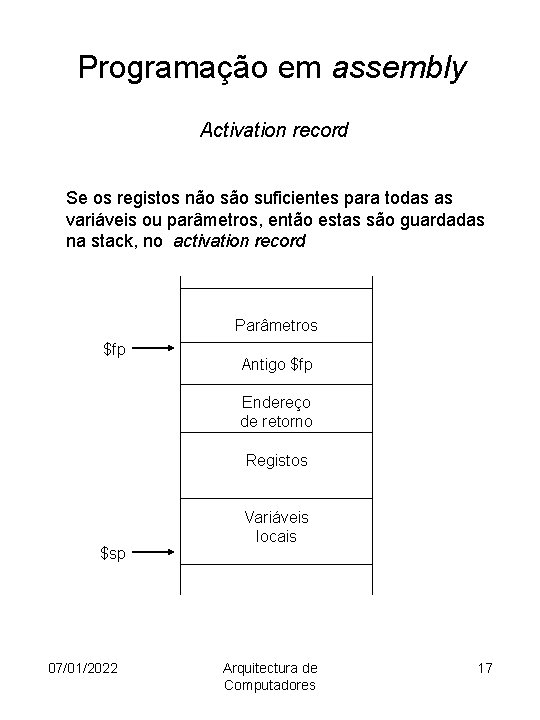 Programação em assembly Activation record Se os registos não suficientes para todas as variáveis