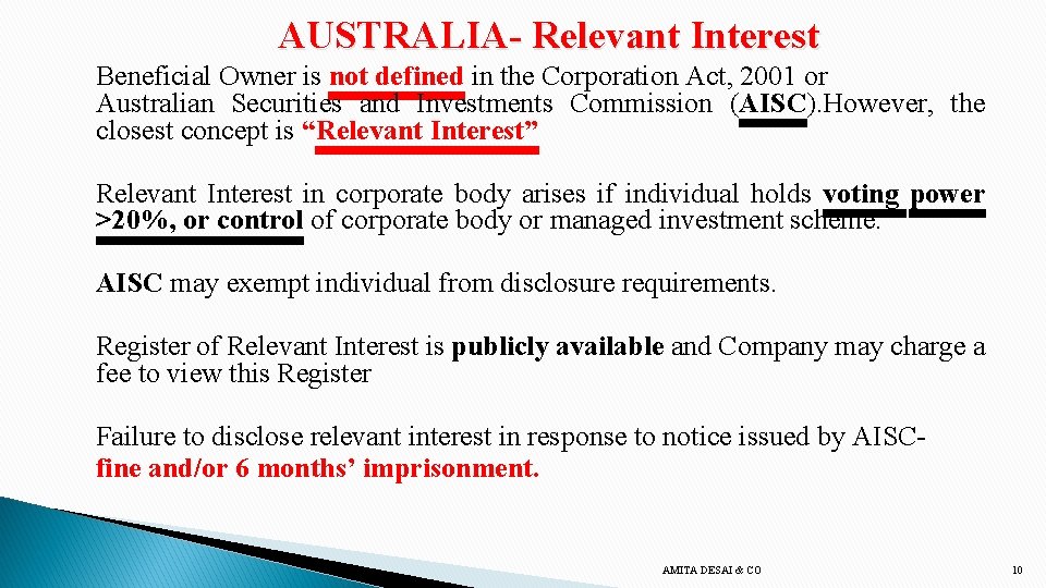 AUSTRALIA- Relevant Interest Beneficial Owner is not defined in the Corporation Act, 2001 or