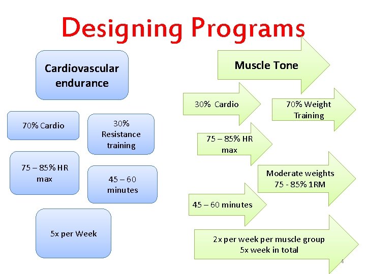 Designing Programs Cardiovascular endurance Muscle Tone 30% Cardio 75 – 85% HR max 30%