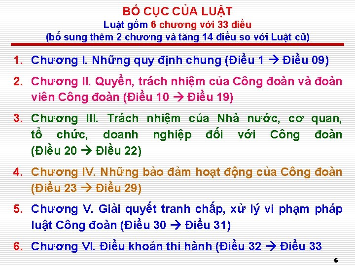 BỐ CỤC CỦA LUẬT Luật gồm 6 chương với 33 điều (bổ sung thêm