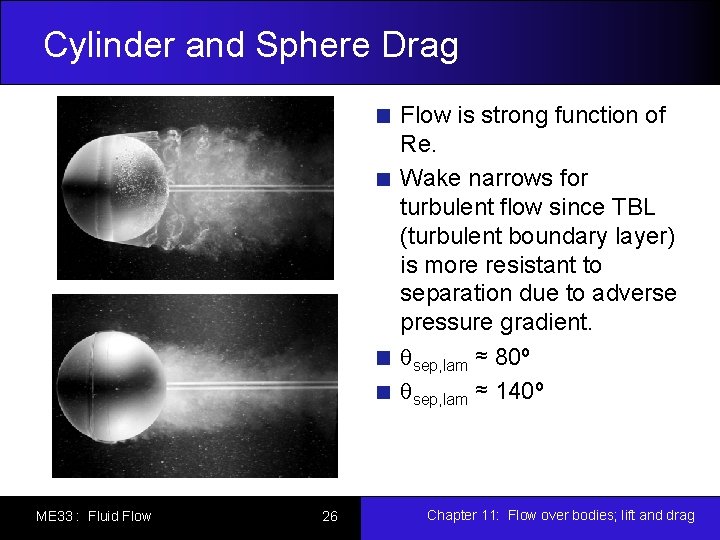 Cylinder and Sphere Drag Flow is strong function of Re. Wake narrows for turbulent