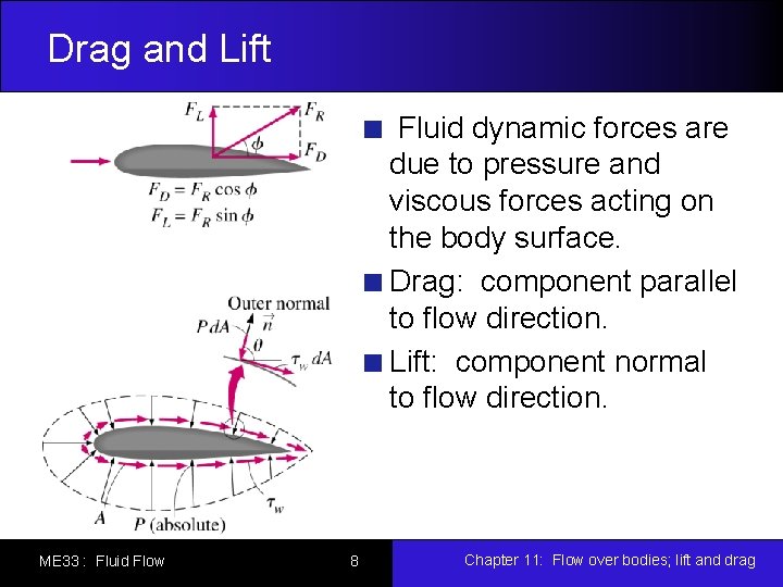 Drag and Lift Fluid dynamic forces are due to pressure and viscous forces acting