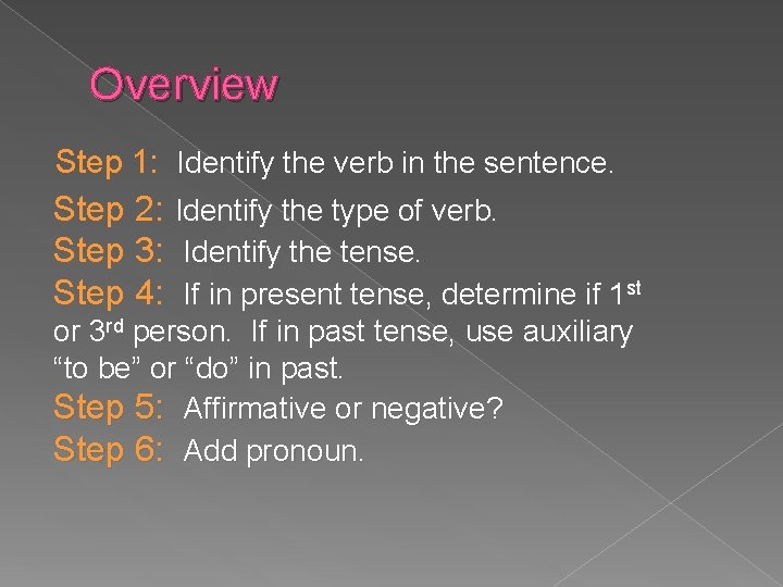Overview Step 1: Identify the verb in the sentence. Step 2: Identify the type