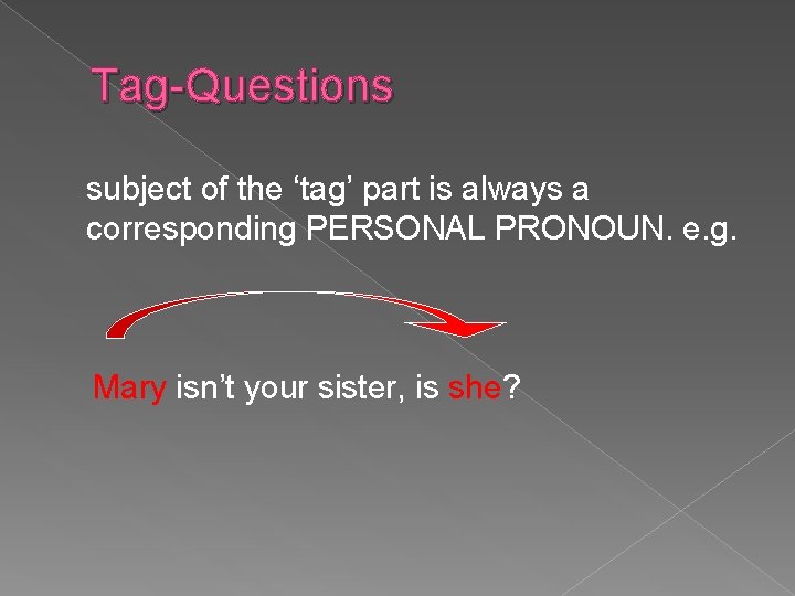 Tag-Questions subject of the ‘tag’ part is always a corresponding PERSONAL PRONOUN. e. g.