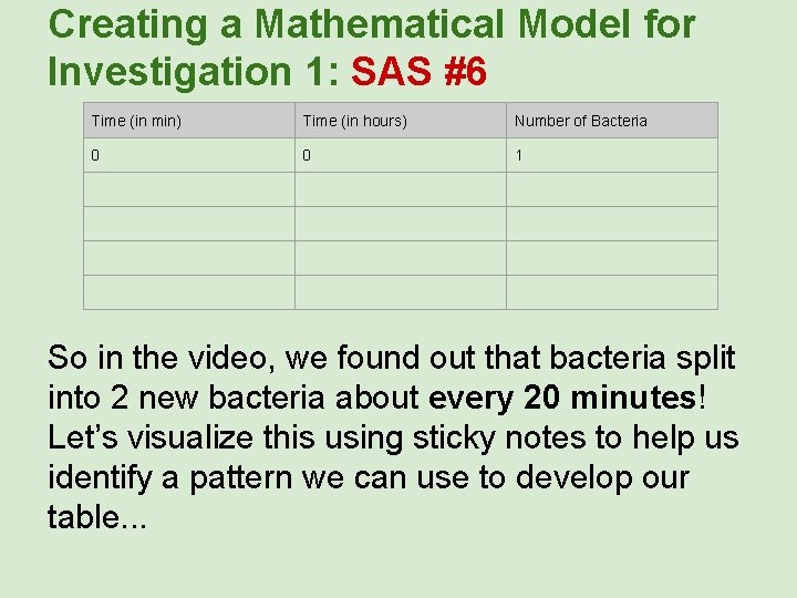Creating a Mathematical Model for Investigation 1: SAS #6 Time (in min) Time (in
