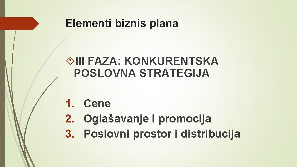 Elementi biznis plana III FAZA: KONKURENTSKA POSLOVNA STRATEGIJA 1. Cene 2. Oglašavanje i promocija Elementi biznis plana III FAZA: KONKURENTSKA POSLOVNA STRATEGIJA 1. Cene 2. Oglašavanje i promocija