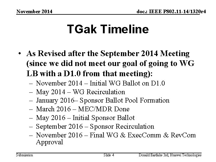 November 2014 doc. : IEEE P 802. 11 -14/1320 r 4 TGak Timeline •