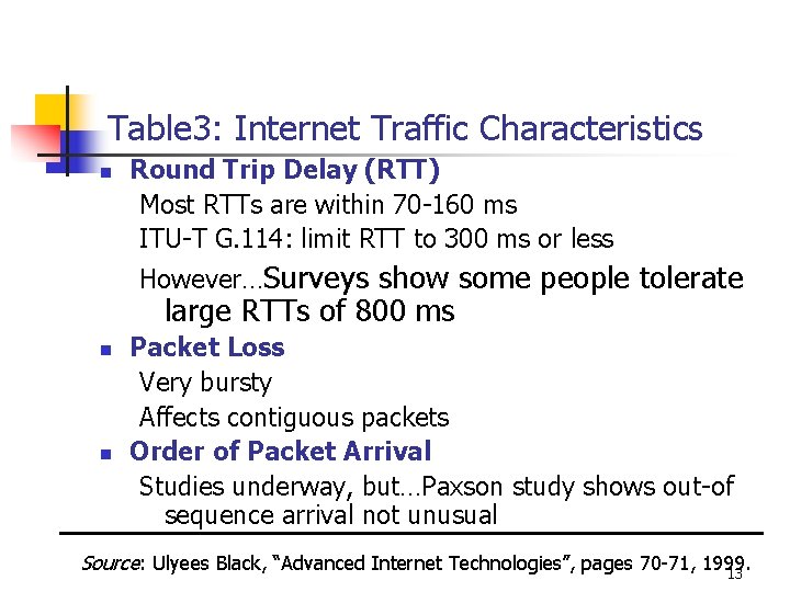 Table 3: Internet Traffic Characteristics n Round Trip Delay (RTT) Most RTTs are within