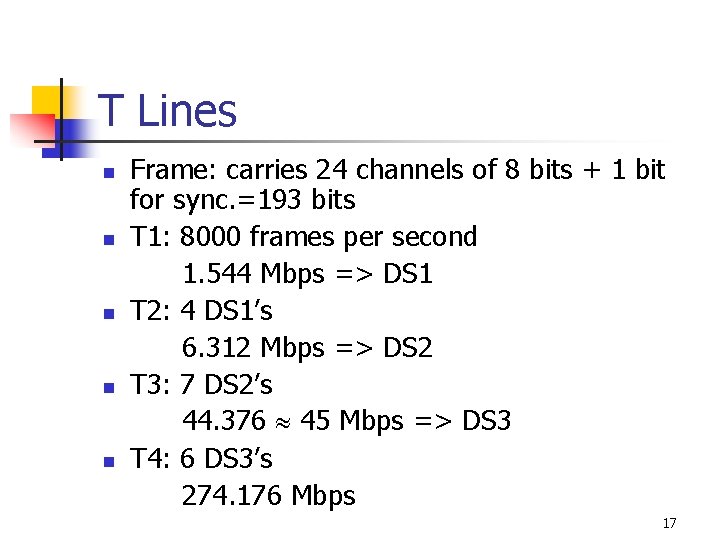 T Lines n n n Frame: carries 24 channels of 8 bits + 1