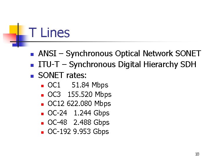 T Lines n n n ANSI – Synchronous Optical Network SONET ITU-T – Synchronous