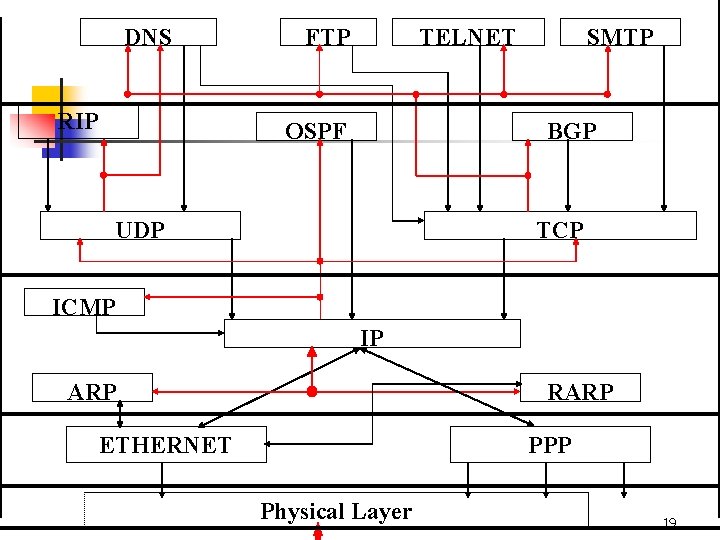 DNS RIP FTP TELNET OSPF SMTP BGP UDP TCP ICMP IP ARP RARP ETHERNET