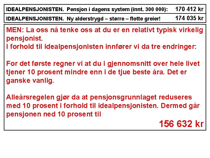 IDEALPENSJONISTEN. Pensjon i dagens system (innt. 300 000): 170 412 kr IDEALPENSJONISTEN. Ny alderstrygd