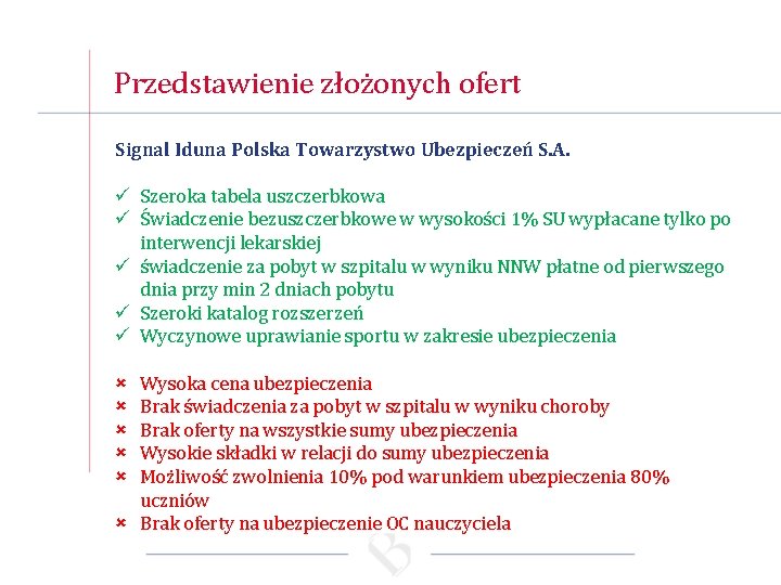 Przedstawienie złożonych ofert Signal Iduna Polska Towarzystwo Ubezpieczeń S. A. ü Szeroka tabela uszczerbkowa