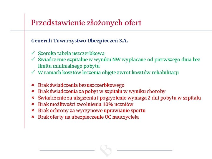 Przedstawienie złożonych ofert Generali Towarzystwo Ubezpieczeń S. A. ü Szeroka tabela uszczerbkowa ü Świadczenie