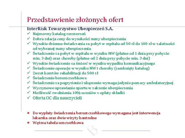 Przedstawienie złożonych ofert Inter. Risk Towarzystwo Ubezpieczeń S. A. ü Najszerszy katalog rozszerzeń ü