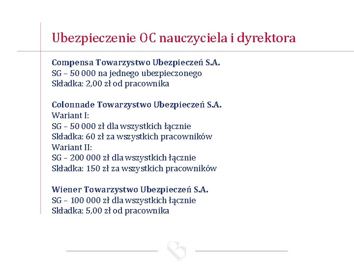 Ubezpieczenie OC nauczyciela i dyrektora Compensa Towarzystwo Ubezpieczeń S. A. SG – 50 000