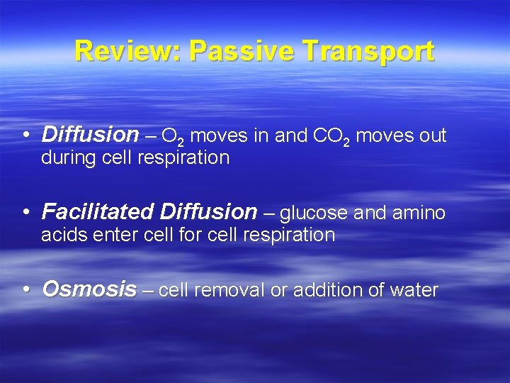 Review: Passive Transport • Diffusion – O 2 moves in and CO 2 moves