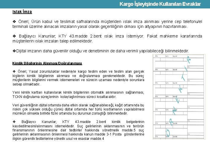 Kargo İşleyişinde Kullanılan Evraklar Islak İmza v Öneri; Ürün kabul ve teslimat safhalarında müşteriden