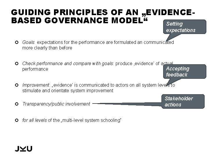 GUIDING PRINCIPLES OF AN „EVIDENCEBASED GOVERNANCE MODEL“ Setting expectations Goals: expectations for the performance