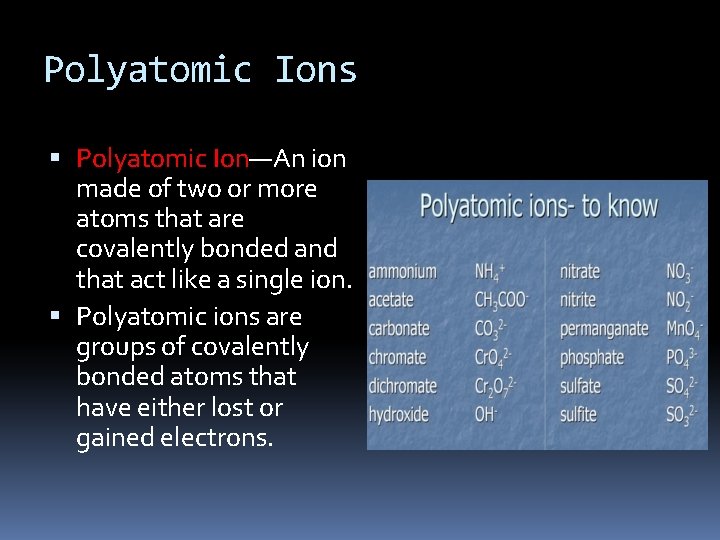 Polyatomic Ions Polyatomic Ion—An ion made of two or more atoms that are covalently