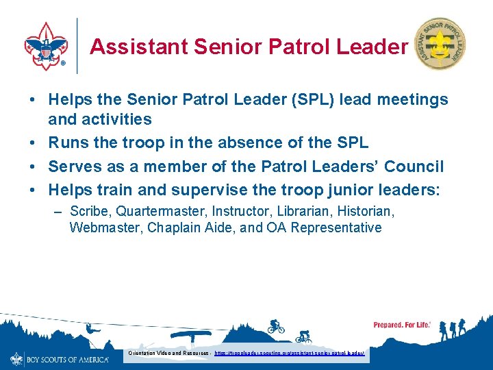 Assistant Senior Patrol Leader • Helps the Senior Patrol Leader (SPL) lead meetings and