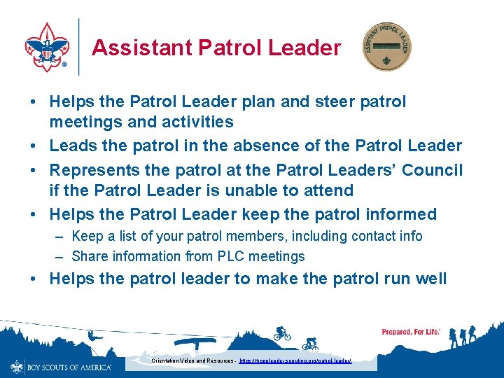 Assistant Patrol Leader • Helps the Patrol Leader plan and steer patrol meetings and