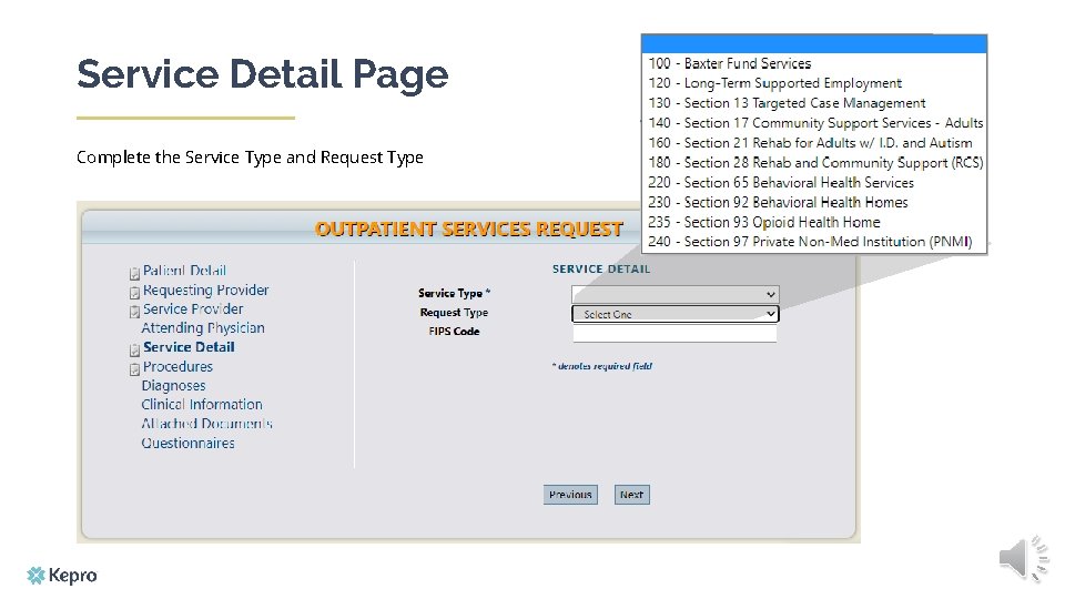 Service Detail Page Complete the Service Type and Request Type 