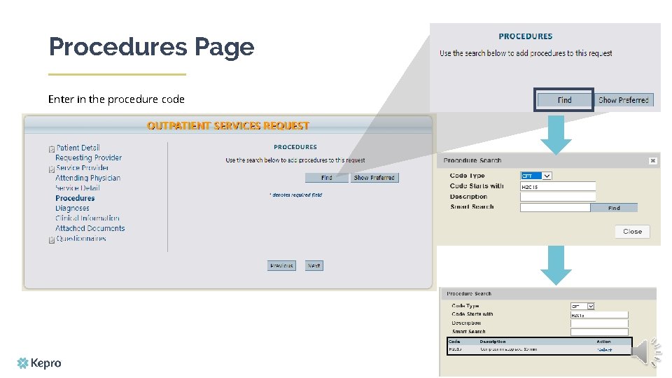Procedures Page Enter in the procedure code 