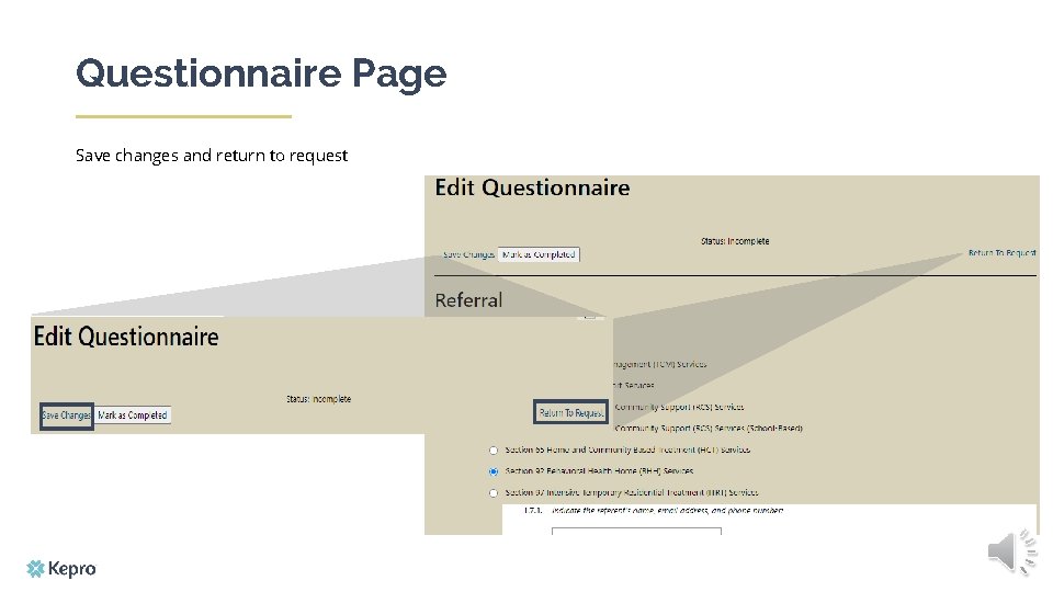 Questionnaire Page Save changes and return to request 