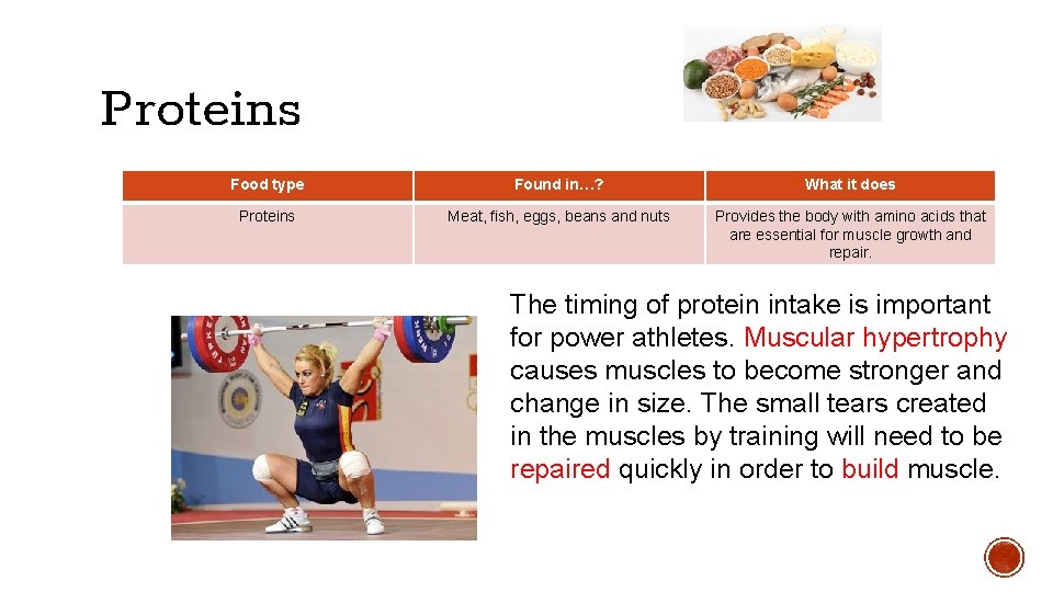 Proteins Food type Found in…? What it does Proteins Meat, fish, eggs, beans and