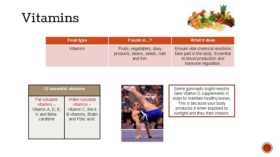 Vitamins Food type Found in…? What it does Vitamins Fruits, vegetables, diary products, beans,