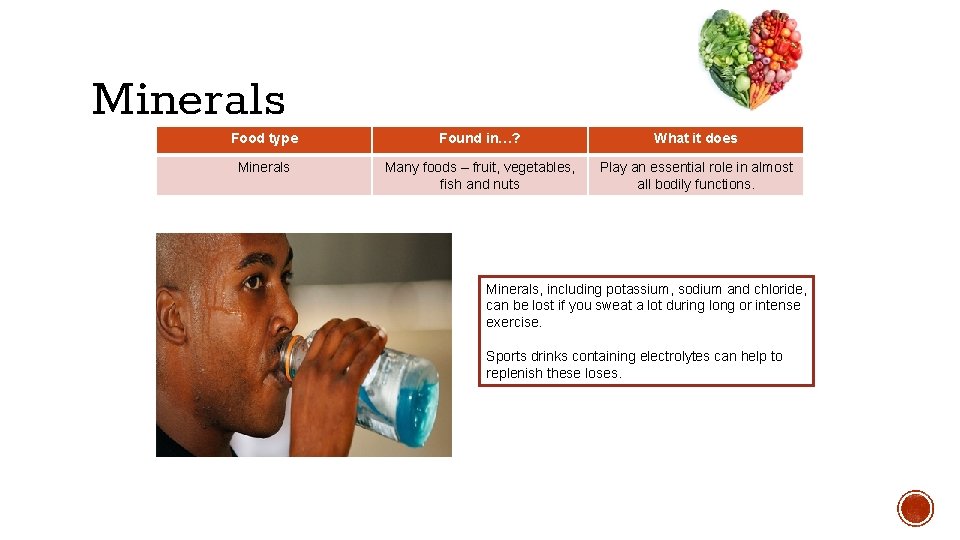 Minerals Food type Found in…? What it does Minerals Many foods – fruit, vegetables,
