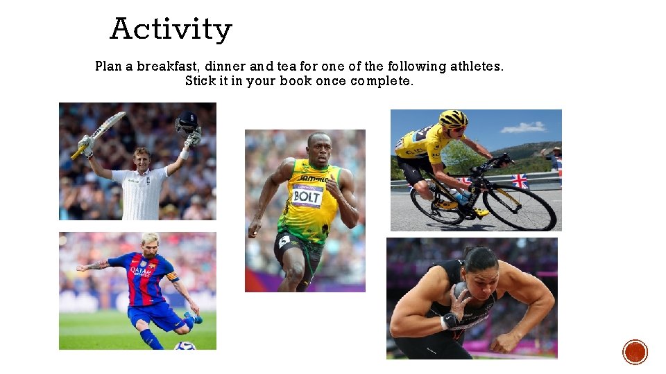 Activity Plan a breakfast, dinner and tea for one of the following athletes. Stick