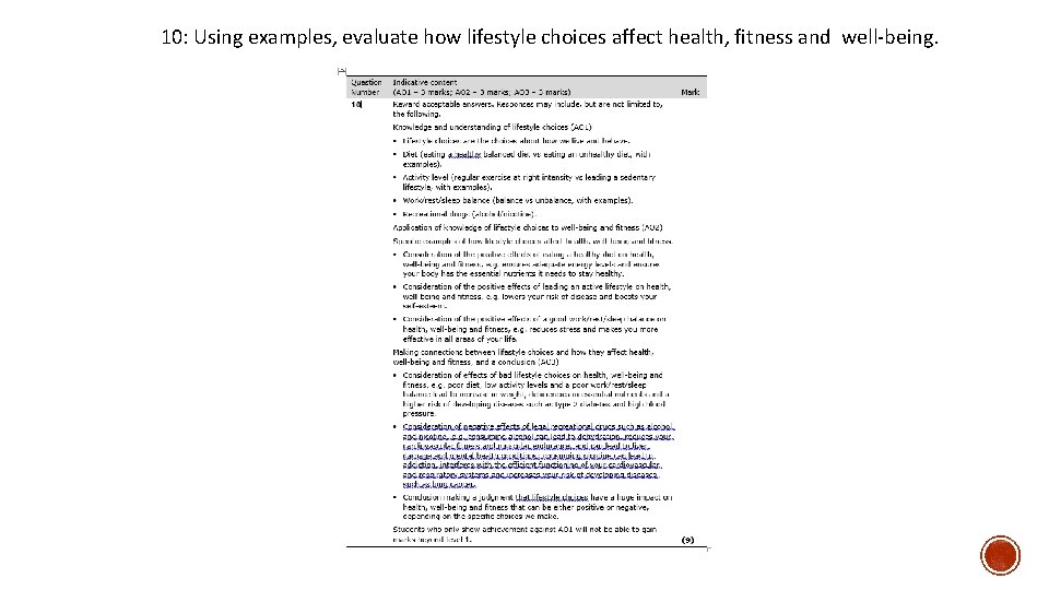 10: Using examples, evaluate how lifestyle choices affect health, fitness and well-being. 